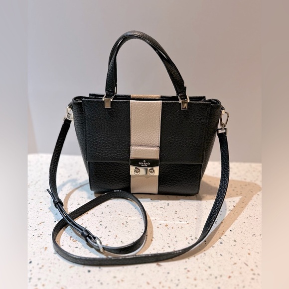 Kate Spade Mini Black & Cream Pebble Leather Small Satchel Shoulder Handbag - Picture 3 of 11